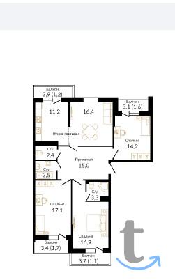 4 -к. квартира, 105.6 м2, 2 /17 эт. в Краснодаре