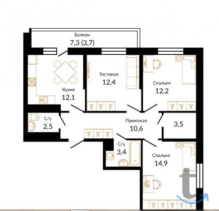 3 -к. квартира, 75.3 м2, 2 /17 эт. в Краснодаре