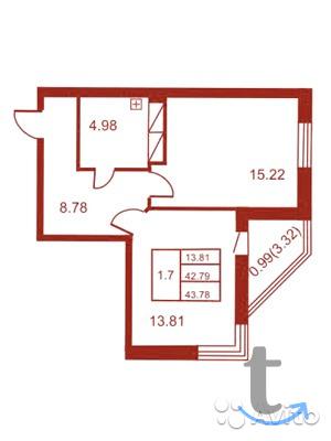 1 -к. квартира в аренду, 43 м2, 20 /22 эт. в Санкт-Петербурге